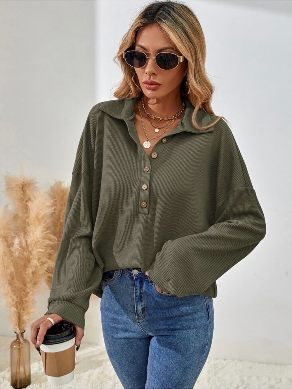 Olive Green Ribbed Button-Front Polo Top